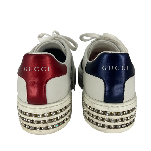 Gucci Ace Web Platform Crystal Embellished Leather Sneakers - Picture 8 of 16
